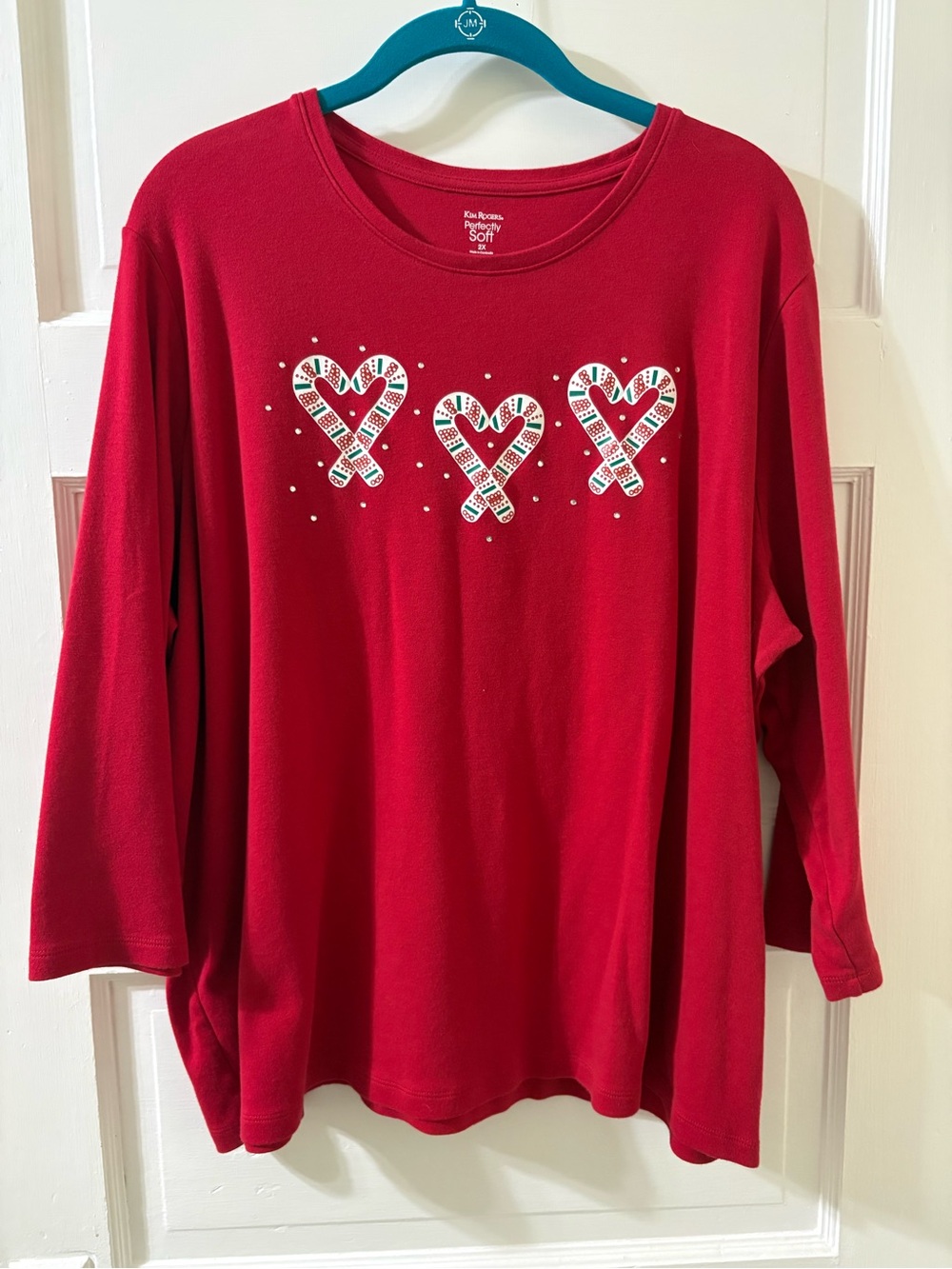 Kim Rogers Red Holiday Candy Cane Heart Tee with 3/4 Sleeves - Size 2X